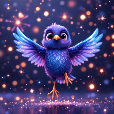 The primary subject of the image is a small, colorful bird with a purple body and blue wings. The bird is standing on one leg, with its other leg raised in the air. The setting is a nighttime scene with a starry background, creating a magical and enchanting atmosphere. The visual style of the image is a digital art or illustration, showcasing the bird's vibrant colors and intricate details. The overall mood of the image is one of wonder and delight, as the bird appears